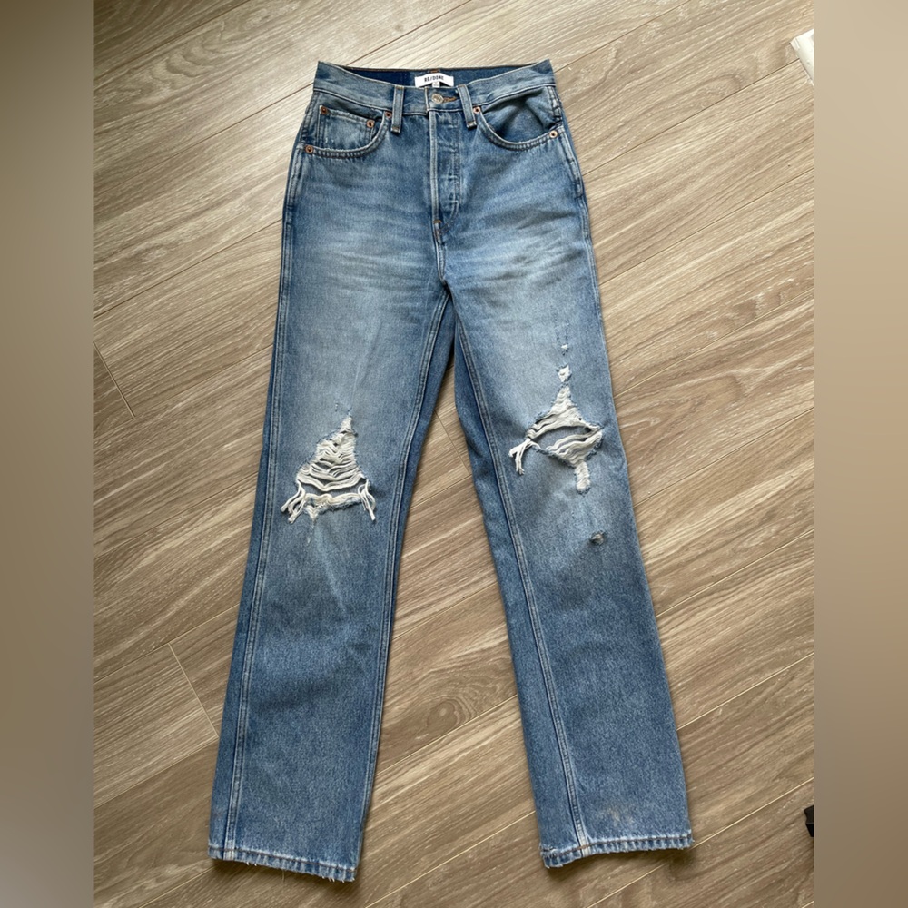 Redone 90s High Rise Loose Medium Destroyed Blue Wash Sz 24 100% Cotton EUC - Picture 7 of 13